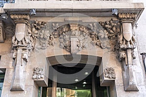 Detail from an ornate European style wall carvings of a historical building