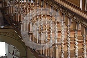 Detail of ornate wooden staircase at Mompesson House, Salisbury, Wiltshire, England