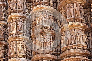 Detail of outside wall on Hindu temple in India's Khajuraho.