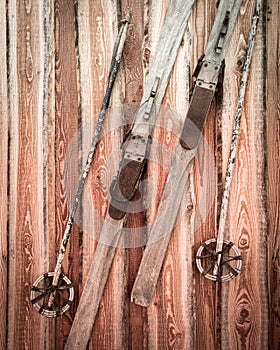 Detail of a pair of wooden skis
