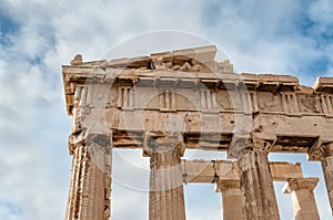 Detail of Parthenon with statues Acropolis in Athens Greece
