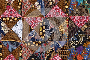 Detail patchwork quilt in market. Bali island, Ubud, Indonesia. Closeup patchwork blanket texture
