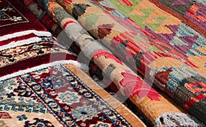 detail of Persian rugs and kilim type for sale in the ethnic mar