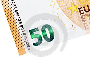 Detail photo of 50 euro banknote on white background.