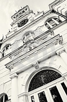 Detail photo of Budmerice castle in Slovak republic, black and w