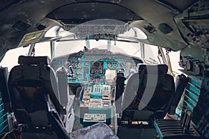 Detail photo of cockpit dashboard in plane of airline