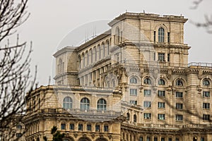 Detail photo of the famous Palace of the Parliament Palatul Parlamentului in Bucharest, capital of Romania