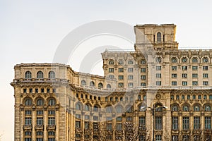 Detail photo of the famous Palace of the Parliament Palatul Parlamentului in Bucharest during winter season