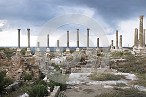 Detail pillars in the ruins with dramatic cloudscape in Tyre, Sour, Lebanon