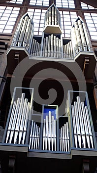 Detail of a pipe organ of a church in a small town