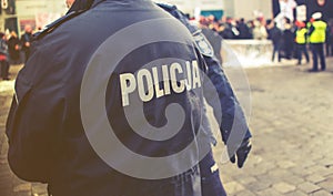 Detail of a police Policja officer in Poland, demonstration in