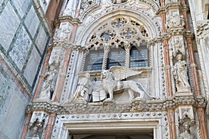 Detail of Porta della Carta of Doge`s Palace, Venice. photo