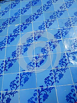 Detail of Portuguese glazed ceramic tiles.