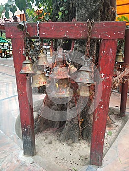 Detail of prayer bells in buddhist and hindu temple, kathmandu Nepal