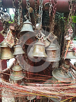 Detail of prayer bells in buddhist and hindu temple, kathmandu Nepal