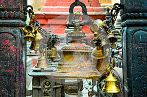 Detail of prayer bells in buddhist and hindu temple, Kathmandu
