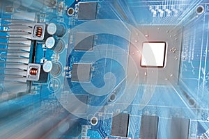 Detail of the processor core of a video card with reflections. graphics processing unit on a latest generation Video Card