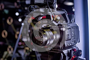 Detail of professional camera equipment, film production studio