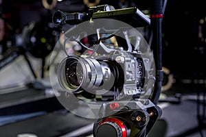 Detail of professional camera equipment, film production studio