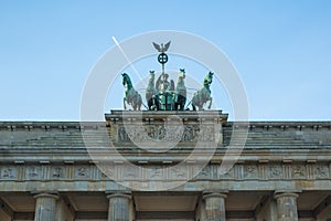 Detail quadriga on Brandenburg Gate (Brandenburger Tor) is a architectural monument in the heart of Berlin's Mitte district