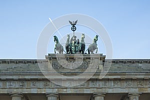 Detail quadriga on Brandenburg Gate (Brandenburger Tor) is a architectural monument in the heart of Berlin's Mitte district