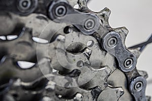 Detail of rear gears and chain of mountain bike.