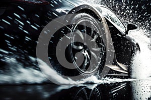 Detail of the rear wheel of a car driving in the rain on a wet road, generative ai illustration