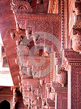 Detail of Red Carved Stonework at Agra Fort in India
