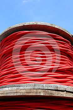 detail of  red high-voltage electrical power cable spool
