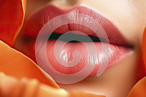 Detail of the red lips of a beautiful woman in a sensual pose. Ai generated