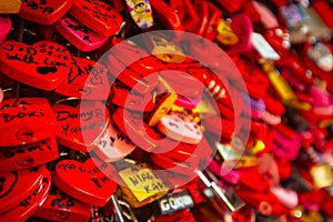 Detail on red love locks in Verona