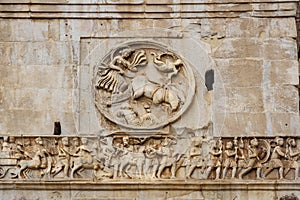 Detail of relief panel of Arch of Constantine is triumphal arch. Rome. Italy