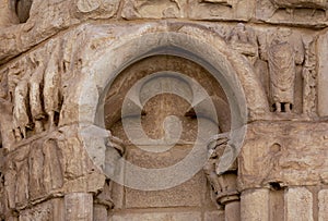 detail of religious figures on the facade of the church