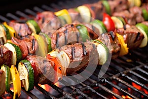 detail of removeable blade slicing grilled lamb kebab