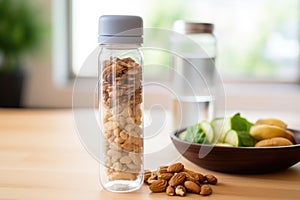 a detail of reusable water bottle besides a bowl of mixed nuts