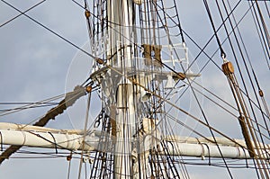 Detail of the Rigging of a Square Rigged Tall Ship Sailing Vessel moored in Bergen Harbour in Norway.
