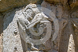 Detail of the Romanesque church of Ribera Ãlava. Abandoned village in the natural park of Valderejo. Sculpture