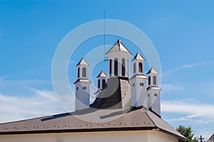 Detail of roof with miniature turrets and with lighting strike protection installed.