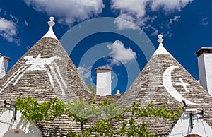 Detail of roofs and signs of the trulli houses, Alberobello town, Apulia region, Southern Italy