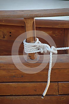 Detail rope on wooden sail boat