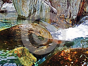 Detail of running water against rocks in mountain stream, Afon Cwm Llan, Snowdon