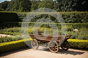 Detail of a rustic wheelbarrow in a flower garden