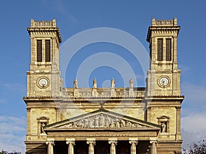 Detail of Saint Vincent de Paul church on a sunny day, Paris, France