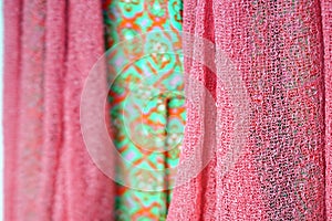 Detail of  scarves of various colors in a shop in Parikia, Paros