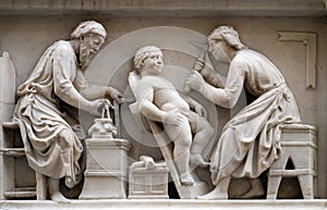 Detail of the sculptors and architects at work, bas-relief, Orsanmichele Church in Florence