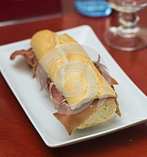 Detail of a Serrano ham sandwich