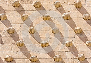 Detail of the shells in Casa de las Conchas in Salamanca, Spain. exterior image shot from public floor