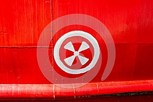 Detail of a ship`s hull markings of thruster position