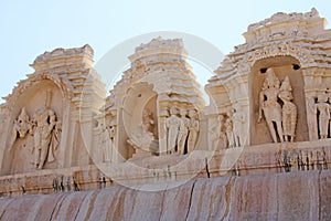 Detail of Shiva Virupaksha Temple, Hampi, Karnataka, India. Stone bas-reliefs