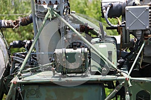 Detail short of fuselage, roter and engine of the old helicopter in world second war.